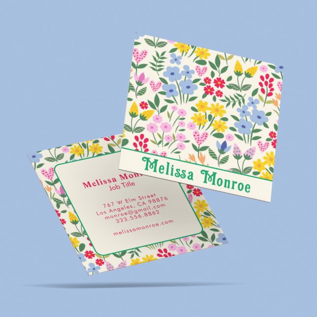 Feminine Cute Colourful Floral Hearts Typography Square Business Card (Creator Uploaded)