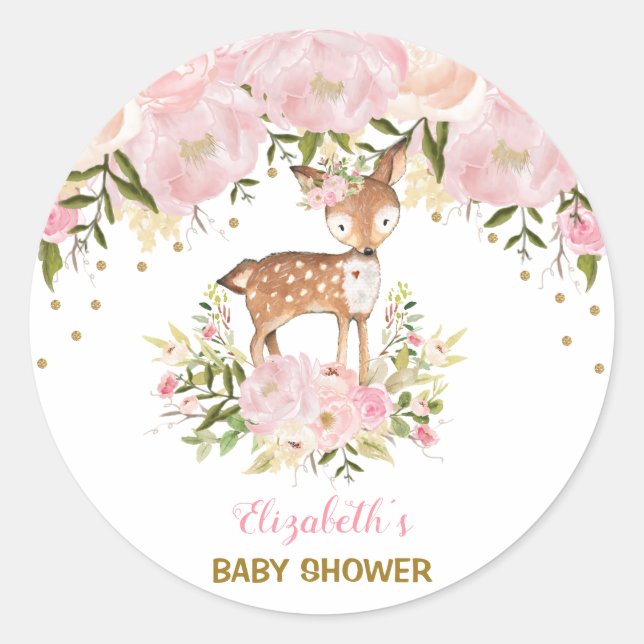 Feminine Deer Baby Shower Blush Pink Floral Favors Classic Round Sticker (Front)
