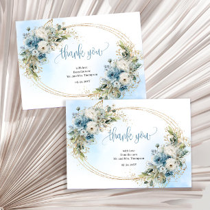 Feminine Dusty Blue Gold Wedding thank you card
