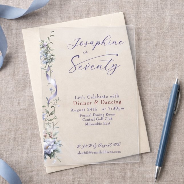 Feminine Dusty Blue Wildflower 70th Birthday Acrylic Invitations (Creator Uploaded)