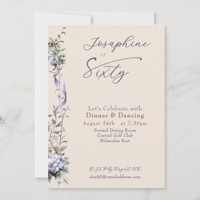 Feminine Dusty Blue Wildflower Sixtieth Birthday Invitation (Front)
