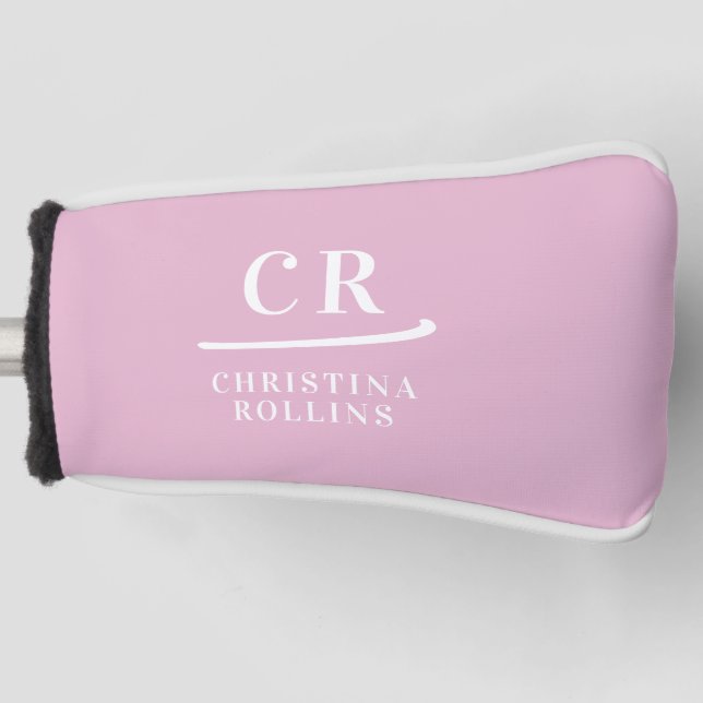Feminine Elegant Pink Personalised Monogram Putter Golf Head Cover (Front)