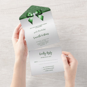 Feminine Emerald Gem Bow & Glitter Birthday All In One Invitation