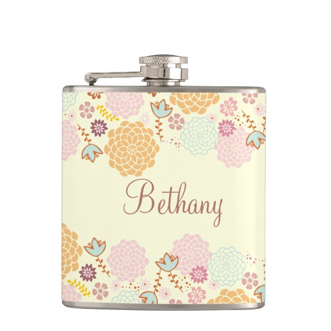 Feminine Fancy Modern Floral Personalised Hip Flask (Front)