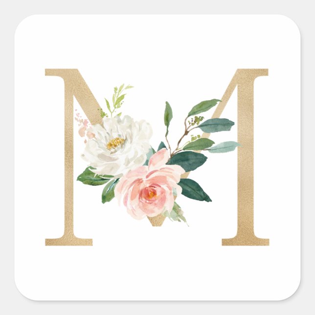 Feminine Faux Gold Foil Floral Letter M Monogram Square Sticker (Front)
