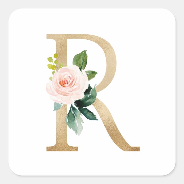 Feminine Faux Gold Foil Floral Letter R Monogram  Square Sticker (Front)