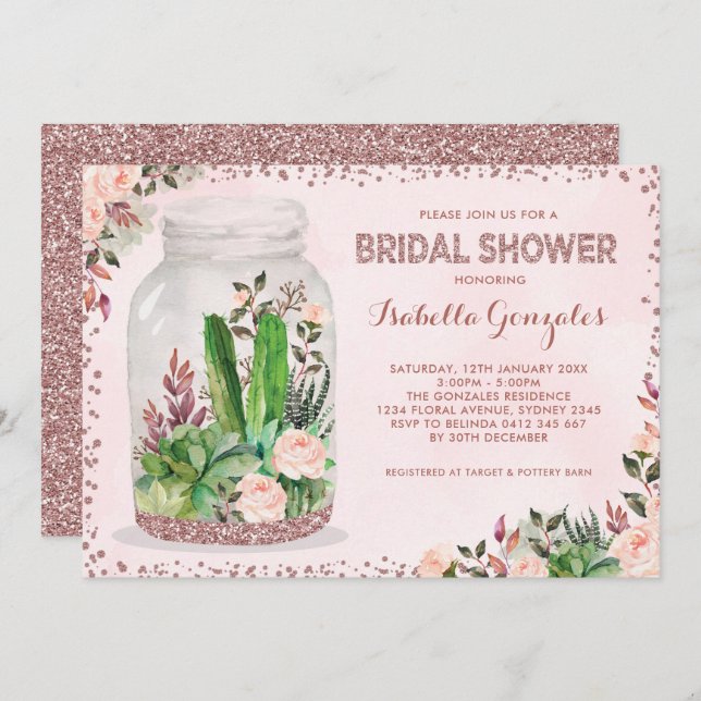Feminine Fiesta Bridal Shower Floral Terrarium Invitation (Front/Back)