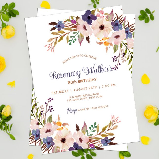 Feminine Floral Adult Feminine 80th Birthday Boho Invitation (Floral Adult Birthday Invitation Template 80th Birthday Boho Style)