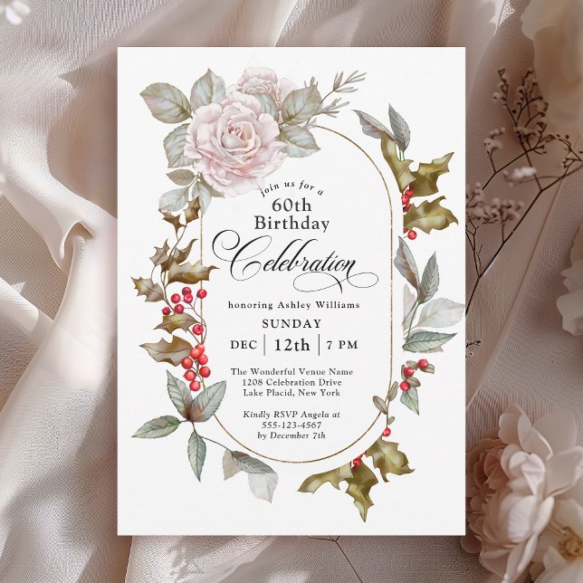 Feminine Floral December 60th Birthday Party Invitation (Available in both printed and paperless instant download formats.)