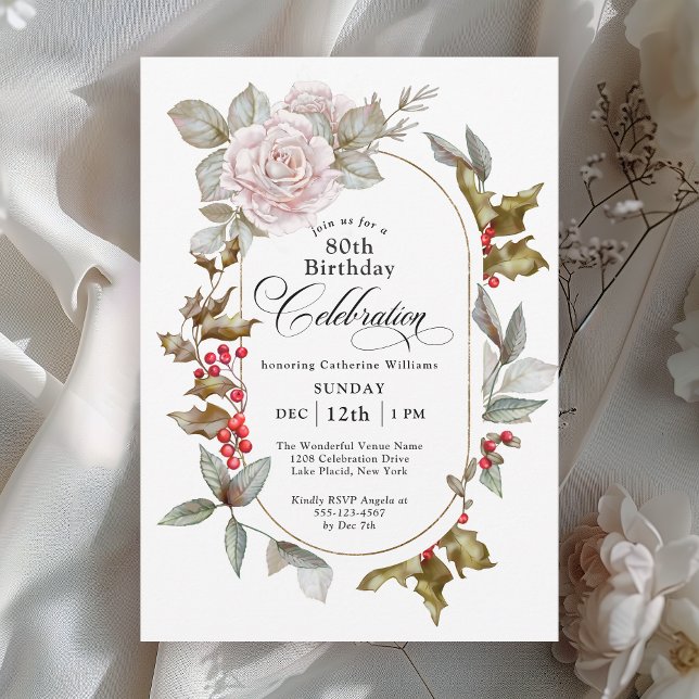 Feminine Floral December 80th Birthday Celebration Invitation (Available in printed and instant download formats.)