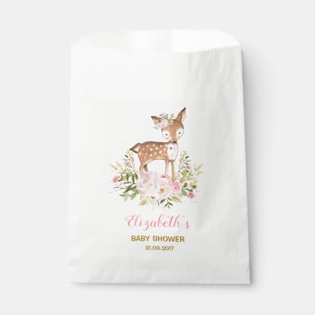 Feminine Floral Deer Baby Shower Woodland Birthday Favour Bag (Front)