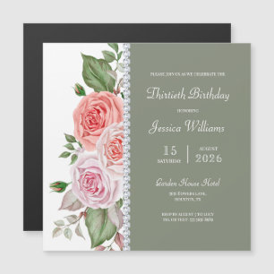 Feminine Floral & Diamond 30th Birthday Magnetic Invitation