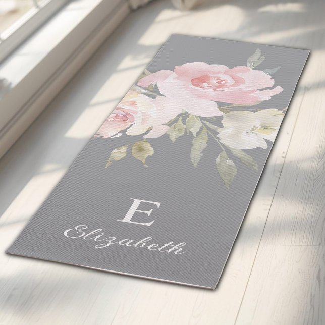 Feminine Floral Girly Pink Monogram Yoga Mat (Creator Uploaded)