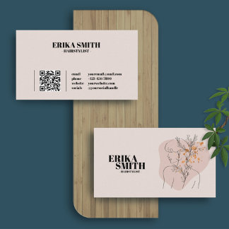 Feminine Floral Hairstylist Pink Line Art QR Code Business Card