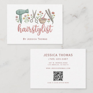Feminine Floral Hairstylist QR Code Business Card