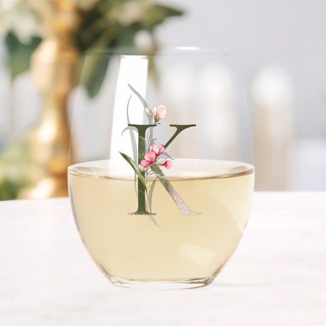 Feminine Floral Monogram Initial Letter K Stemless Wine Glass (Creator Uploaded)