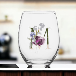 Feminine Floral Monogram Initial Letter M Stemless Wine Glass