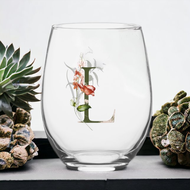 Feminine Floral Monogram Letter L Stemless Wine Glass (Creator Uploaded)