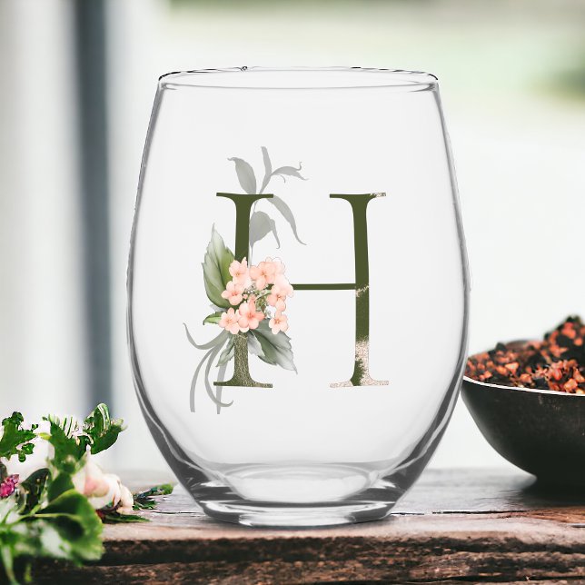 Feminine Floral Monogram The Letter H Stemless Wine Glass (Creator Uploaded)