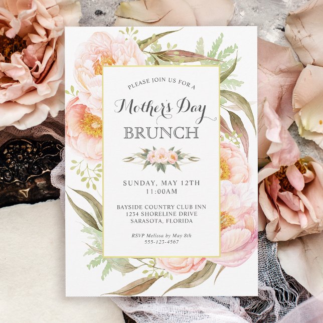 Feminine Floral Pink Peonies Mothers Day Brunch Invitation (Available in both printed and digital download formats.)