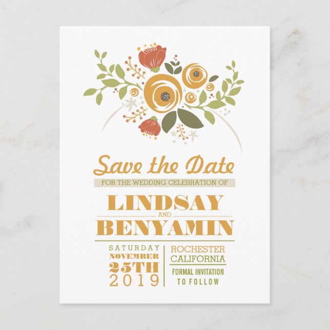 Feminine floral save the date postcards (Front)