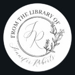 Feminine Floral Script Initials Library Bookplate Classic Round Sticker<br><div class="desc">Make a lasting, elegant impression with this beautiful floral design "From the Library of" bookplate sticker. The classical serif ex libris wording is contrasted with a modern botanical frame of multiple hand-drawn circles and your initials and name in calligraphic scripts. An ideal gift for any woman who loves books. PLEASE...</div>