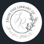 Feminine Floral Script Initials Library Bookplate Classic Round Sticker<br><div class="desc">Make a lasting, elegant impression with this beautiful floral design "From the Library of" bookplate sticker. The classical serif ex libris wording is contrasted with a modern botanical frame of multiple hand-drawn circles and your initials and name in calligraphic scripts. An ideal gift for any woman who loves books. PLEASE...</div>