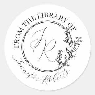 Feminine Floral Script Initials Library Bookplate Classic Round Sticker