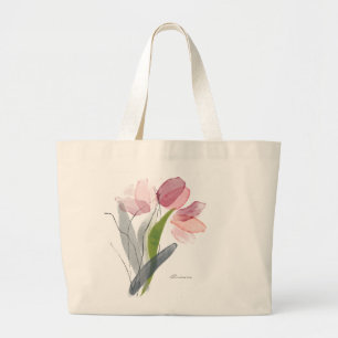 Feminine Floral Tulips Green Leaves Large Tote Bag