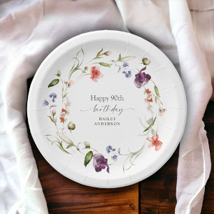 Feminine Floral Wreath Happy 90th Birthday Paper Plate