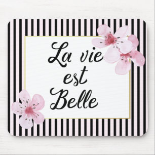 Feminine French Pink and Black Stripes and Flowers Mouse Pad