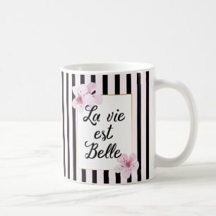 Feminine French Pink Blossoms and Black Stripes Coffee Mug