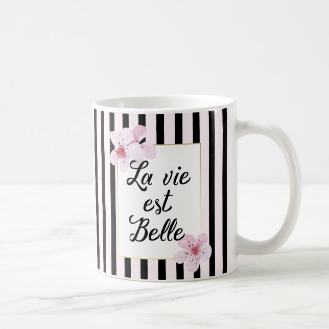Feminine French Pink Blossoms and Black Stripes Coffee Mug (Right)