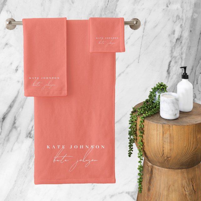 Feminine Girly Coral Signature Script Monogram Bath Towel Set (Feminine Girly Coral Signature Script Monogram Bath Towel Set)