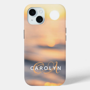 Feminine Gloden Beach Sunset Name Monogrammed iPhone 15 Case