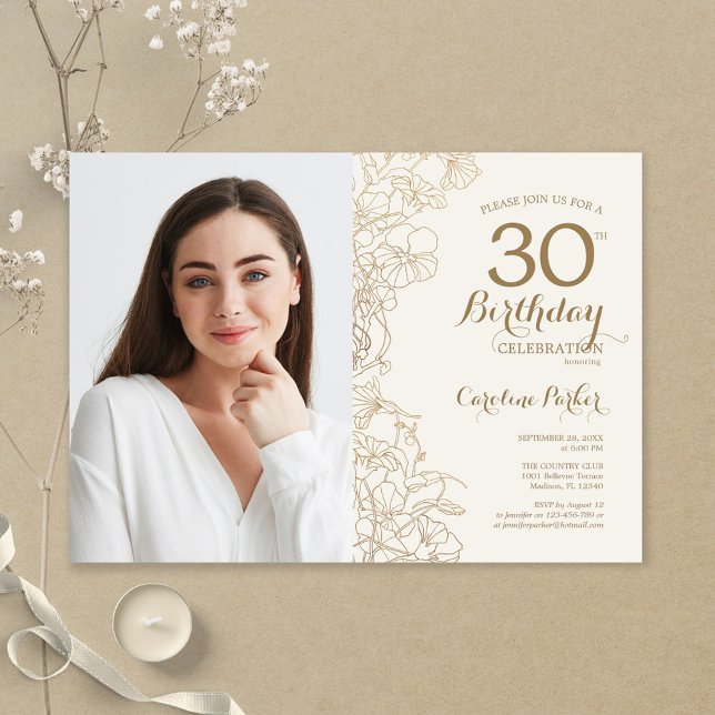 Feminine Gold Floral Photo 30th Birthday Invitation (Creator Uploaded)