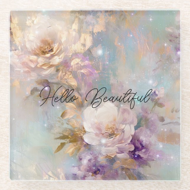 Feminine Gold Purple White Flowers Glass Coaster (Front)