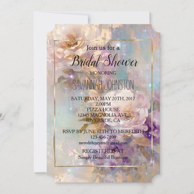 Feminine Gold Purple White Flowers Invitation (Front)