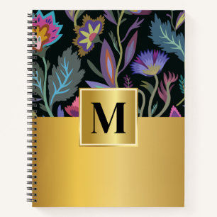 Feminine initial Black floral pattern Elegant gold Notebook