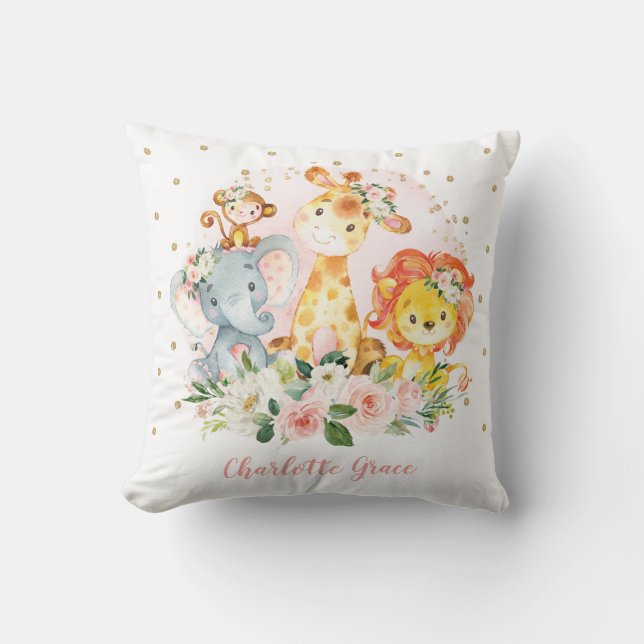 Feminine Jungle Animals Blush Floral Nursery Cushion (Front)