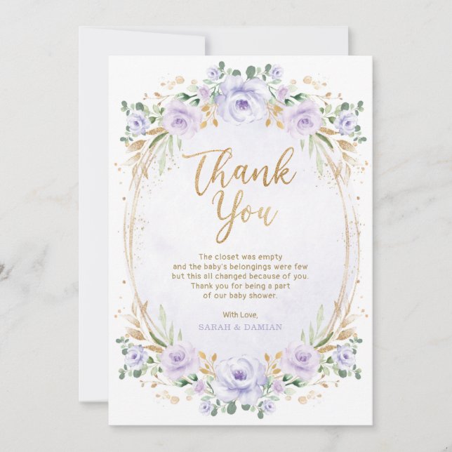 Feminine Lavender Gold Floral Baby Girl Shower Thank You Card (Front)