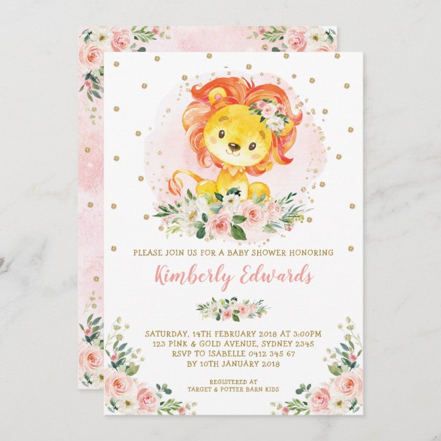 Feminine Lion Baby Shower Blush Gold Floral Invitation (Front/Back)