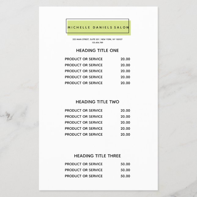 Feminine Logo | Green | Salon Pricing & Services Flyer (Front)