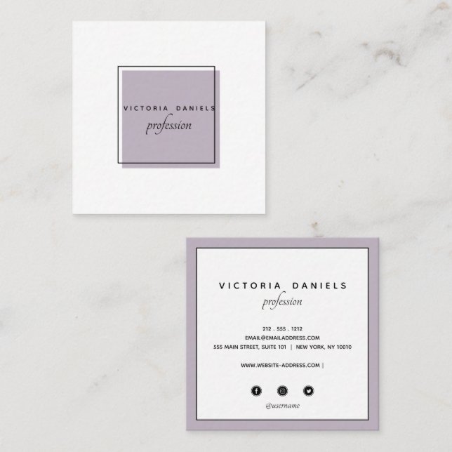 Feminine Logo | Lavender | social media icons Square Business Card (Front/Back)