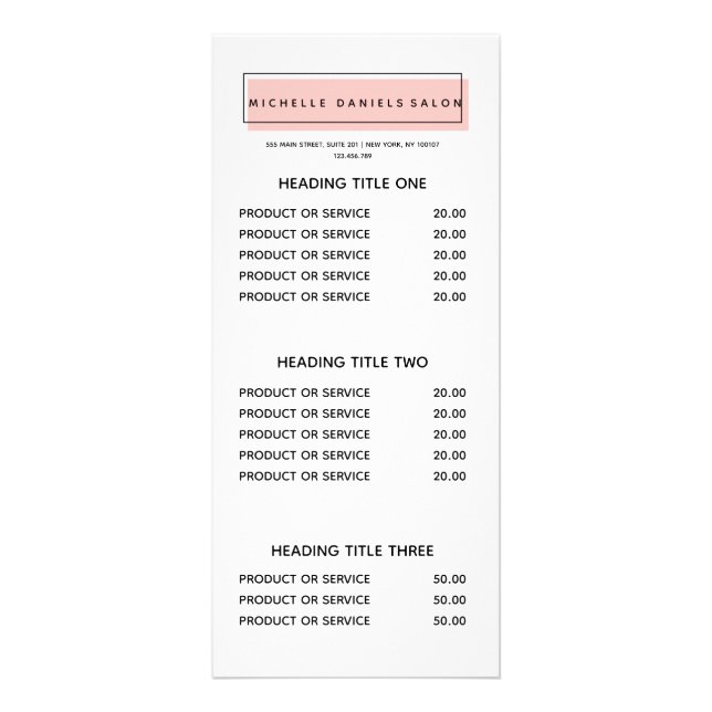 Feminine Logo | Pink | Hair  Salon price list Rack Card (Front)