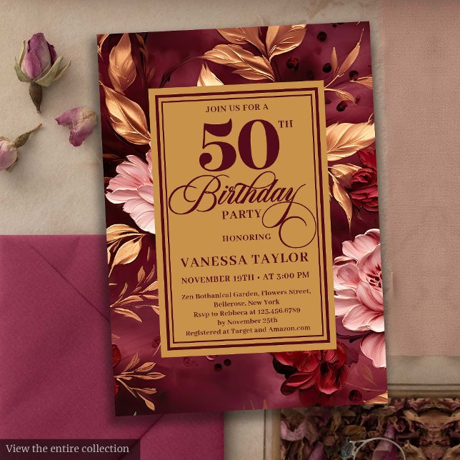 Feminine marsala blush gold floral 50th birthday  invitation (Feminine marsala blush gold floral 50th birthday invite

)