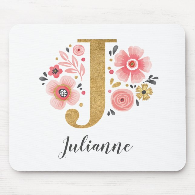 Feminine Monogram Initial Pink Gold Letter J Mouse Pad (Front)