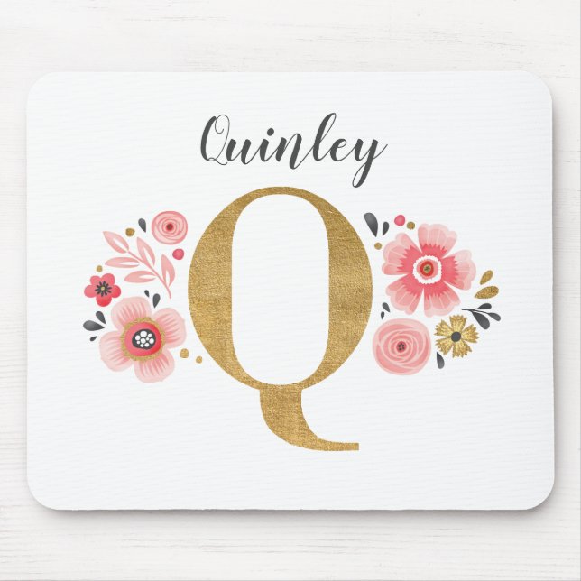 Feminine Monogram Initial Pink Gold Letter Q Mouse Pad (Front)