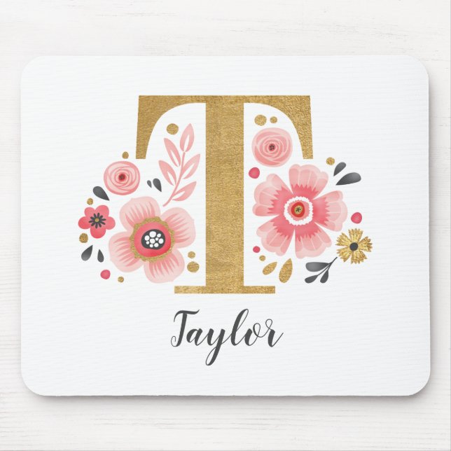 Feminine Monogram Initial Pink Gold Letter T Mouse Pad (Front)