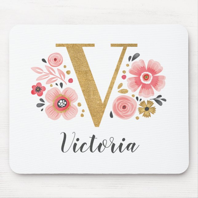 Feminine Monogram Initial Pink Gold Letter V Mouse Pad (Front)